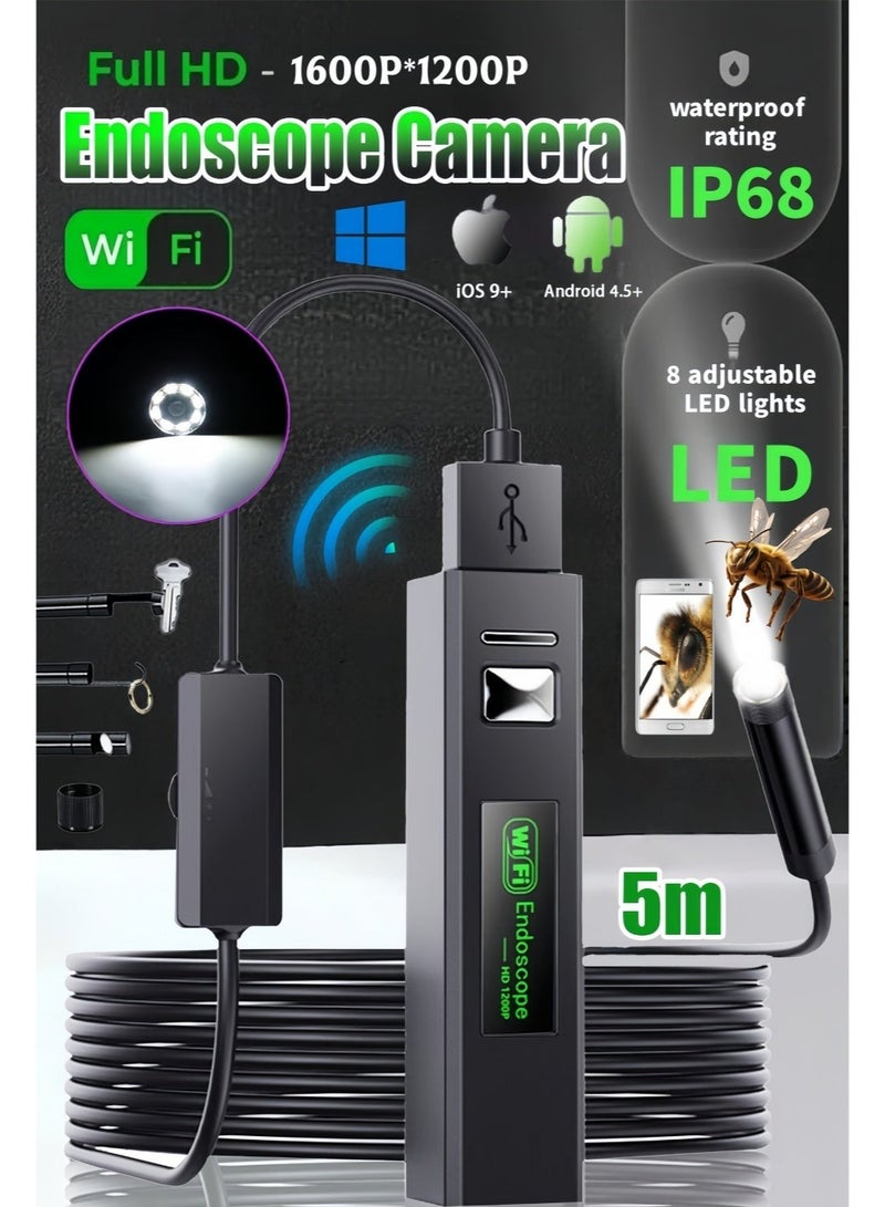 إثارة كاميرا منظار مزدوجة العدسة مزودة بإضاءة - كاميرا فحص (Borescope) بـ 8+1 مصابيح LED قابلة للتعديل، بدقة 1600×1200 بكسل، مع كابل مرن شبه صلب بطول 16.5 قدم (Snake Camera)، حاصلة على تصنيف مقاومة الماء IP68، وقابلة لإعادة الشحن عبر USB؛ متوافقة مع أنظمة Android 4.5+ و iOS 9+، ومناسبة للاستخدام في صيانة السيارات، وخطوط الأنابيب، والأعمال المنزلية. - Image 1