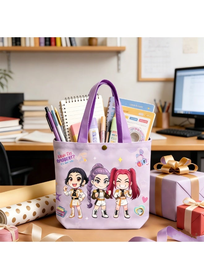 saykfoe Kpop Demon Hunters Stationery Gift Set, Canvas Tote Bag Stationery Bundle with Notebook, Pens, Stickers, Badge & Keychain, Complete School Supplies for Fans & Students - Image 5