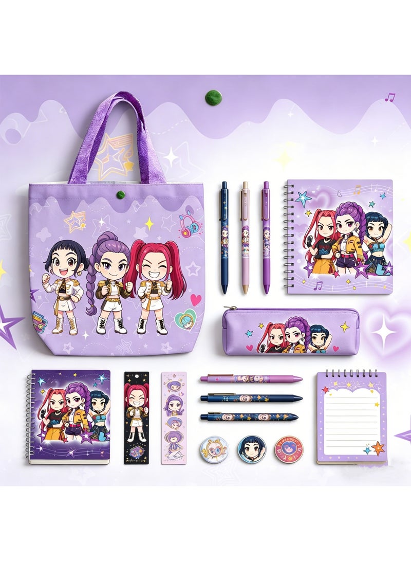 saykfoe Kpop Demon Hunters Stationery Gift Set, Canvas Tote Bag Stationery Bundle with Notebook, Pens, Stickers, Badge & Keychain, Complete School Supplies for Fans & Students - Image 4