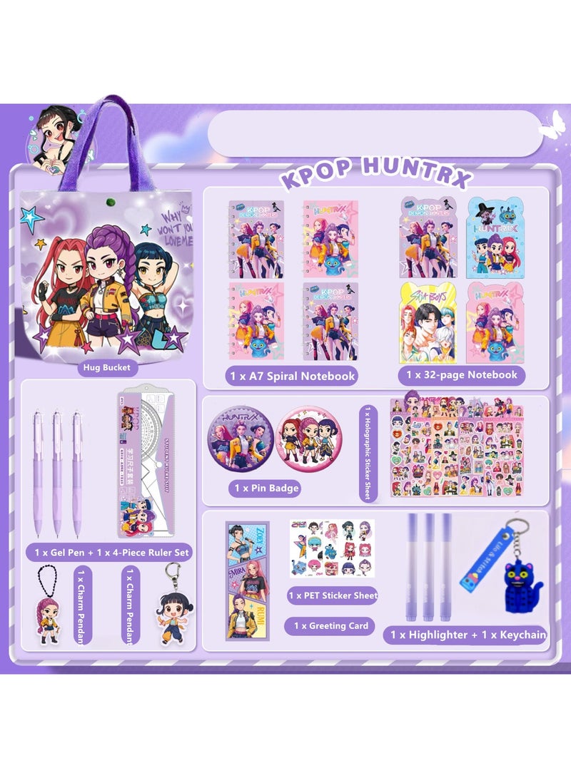 saykfoe Kpop Demon Hunters Stationery Gift Set, Canvas Tote Bag Stationery Bundle with Notebook, Pens, Stickers, Badge & Keychain, Complete School Supplies for Fans & Students - Image 1