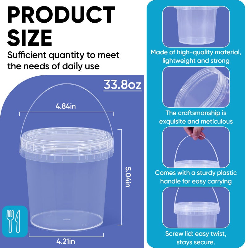 UMETASS 4Pack 34oz Clear Bucket with Lids - Plastic Food Storage Containers, Airtight Screw-On Lids - Freezer Safe Ice Cream Bucekts, Food Grade Reusable Containers for Kitchen - Image 4