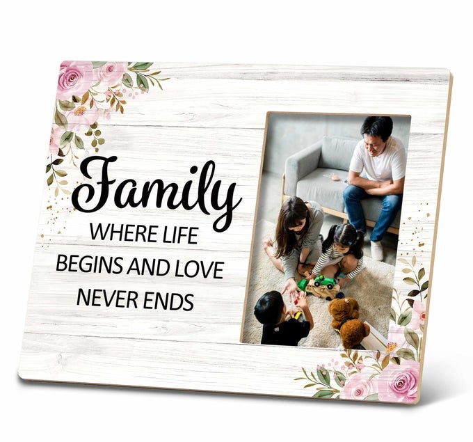 Family Picture Frame Where Life Begins and Love Never Ends 10x8 Inch Wooden Tabletop Photo Frame for Family Room Decor