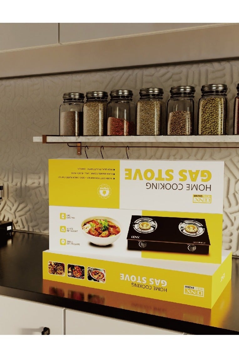 Denx 2 Burner Gas Stove with Auto Ignition, Portable Tabletop Stove with Tempered Glass Top, Cast Iron Burners and Durable Pot Holders - Perfect for Home, Apartment, Kitchen, Camping and Outdoor Parties - Image 1