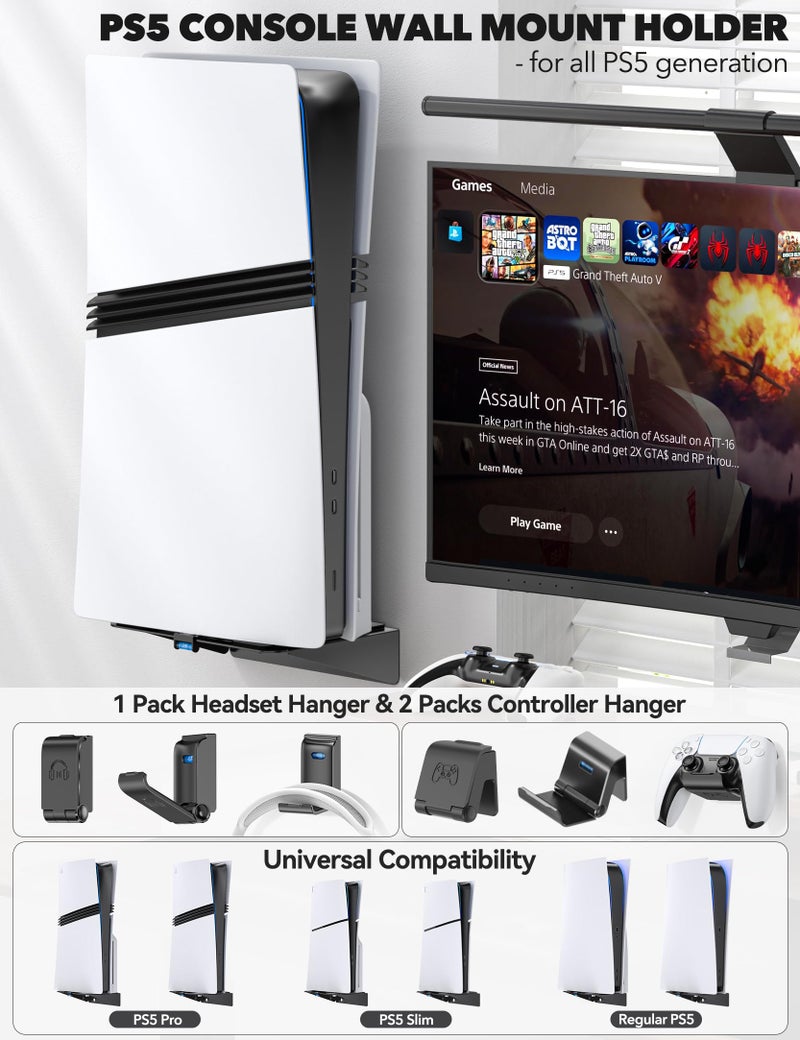 Kosker PS5/Slim/Pro Wall Mount with Headset & Controller Holder, Premium PS5 Metal Shelf Floating Mount, Universal 2 Packs Controller Stand and Headphone Stand, Game Accessries for All Playstation 5 Console - Image 2