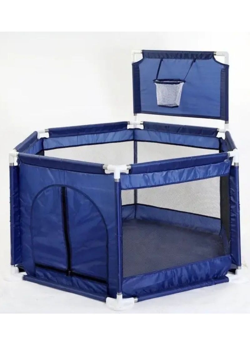 Children's ball pit in a hexagonal shape with a basket