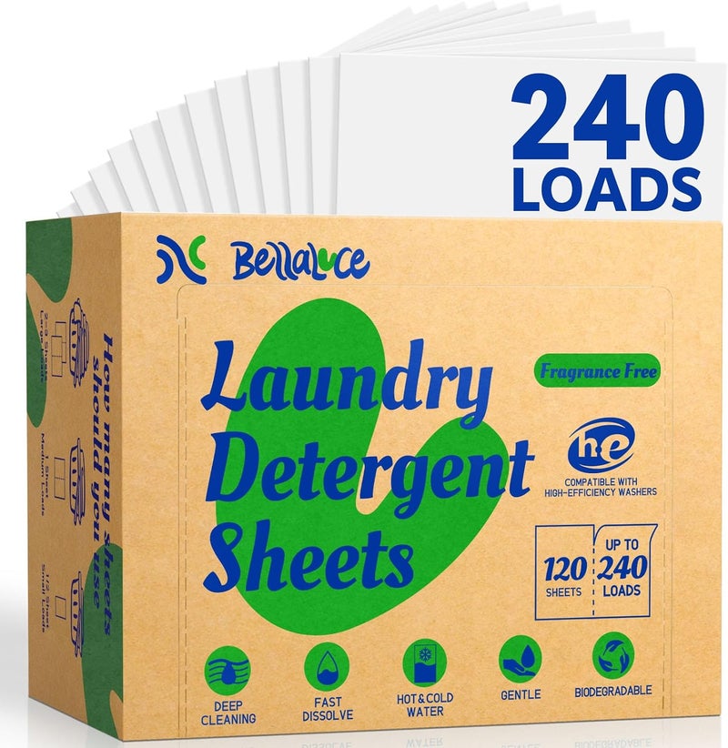 Bellaluce Detergent Sheets for 240 Washes - Highly Concentrated and Plastic-Free Hypoallergenic Wash Sheets without Fragrances, Space Saving and Ideal for Families - Image 1