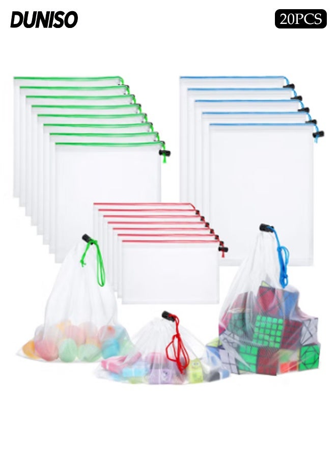 DUNISO 20 Pcs Produce Bags Mesh Pouch，Toy Storage Bags，Drawstring Washable Organization，Reusable，for School Office, Puzzles Games Storage，5 Large 8 Medium 7 Small，Multicolour - Image 1