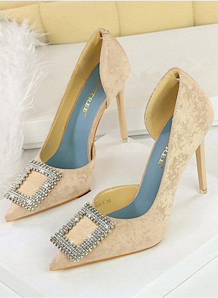 BIGTREE Women's Elegant Closed Pointed Toe High Heels Rhinestone Square Buckle Decoration Stiletto Pumps Apricot 10.5CM  - Image 1
