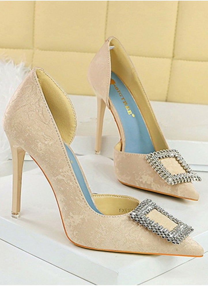 BIGTREE Women's Elegant Closed Pointed Toe High Heels Rhinestone Square Buckle Decoration Stiletto Pumps Apricot 10.5CM  - Image 2