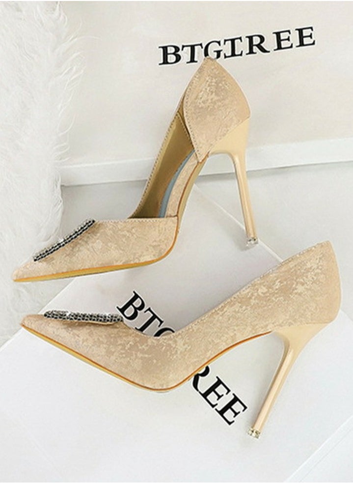 BIGTREE Women's Elegant Closed Pointed Toe High Heels Rhinestone Square Buckle Decoration Stiletto Pumps Apricot 10.5CM  - Image 3