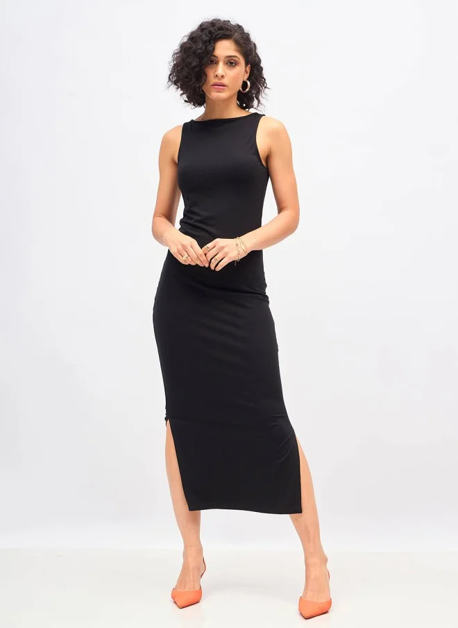 SASSAFRAS Black Bodycon Midi Dress for Women