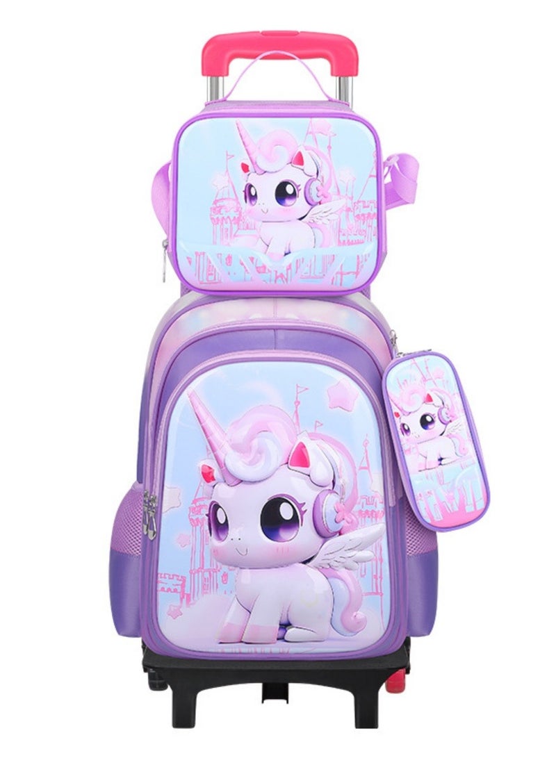 جورونب حقيبة ظهر بعجلات للبنات، حقيبة ظهر لطيفة للأطفال بعجلات مع حقيبة غداء، حقيبة ظهر للأطفال بعجلات للمدرسة الابتدائية مع صندوق غداء، حافظة أقلام، حقيبة سفر بعجلات، لون أرجواني - Image 1