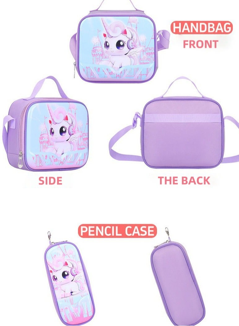 جورونب حقيبة ظهر بعجلات للبنات، حقيبة ظهر لطيفة للأطفال بعجلات مع حقيبة غداء، حقيبة ظهر للأطفال بعجلات للمدرسة الابتدائية مع صندوق غداء، حافظة أقلام، حقيبة سفر بعجلات، لون أرجواني - Image 2