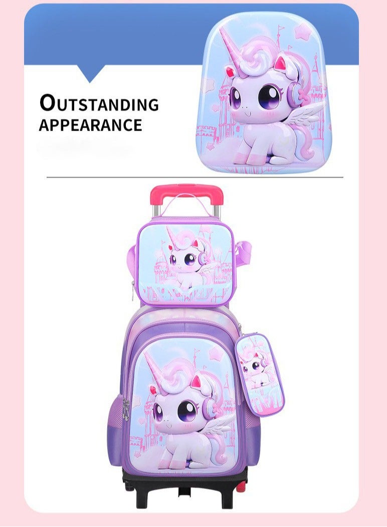 جورونب حقيبة ظهر بعجلات للبنات، حقيبة ظهر لطيفة للأطفال بعجلات مع حقيبة غداء، حقيبة ظهر للأطفال بعجلات للمدرسة الابتدائية مع صندوق غداء، حافظة أقلام، حقيبة سفر بعجلات، لون أرجواني - Image 3