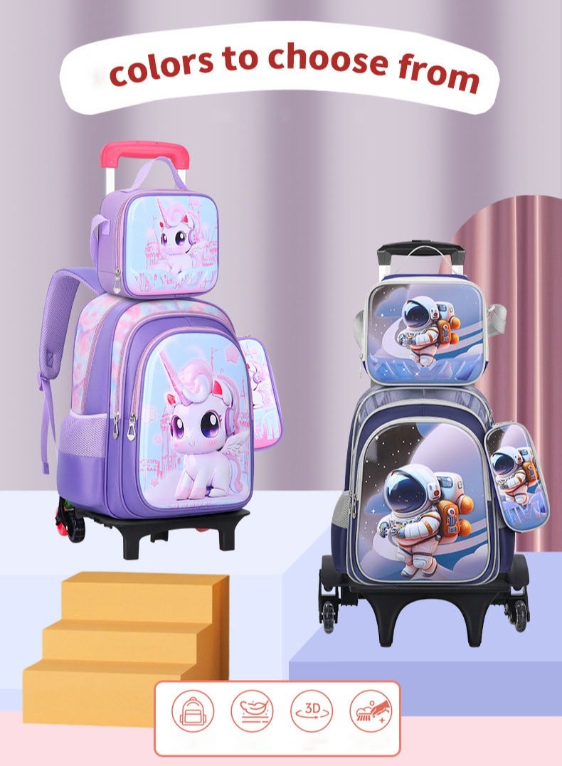 جورونب حقيبة ظهر بعجلات للبنات، حقيبة ظهر لطيفة للأطفال بعجلات مع حقيبة غداء، حقيبة ظهر للأطفال بعجلات للمدرسة الابتدائية مع صندوق غداء، حافظة أقلام، حقيبة سفر بعجلات، لون أرجواني - Image 4