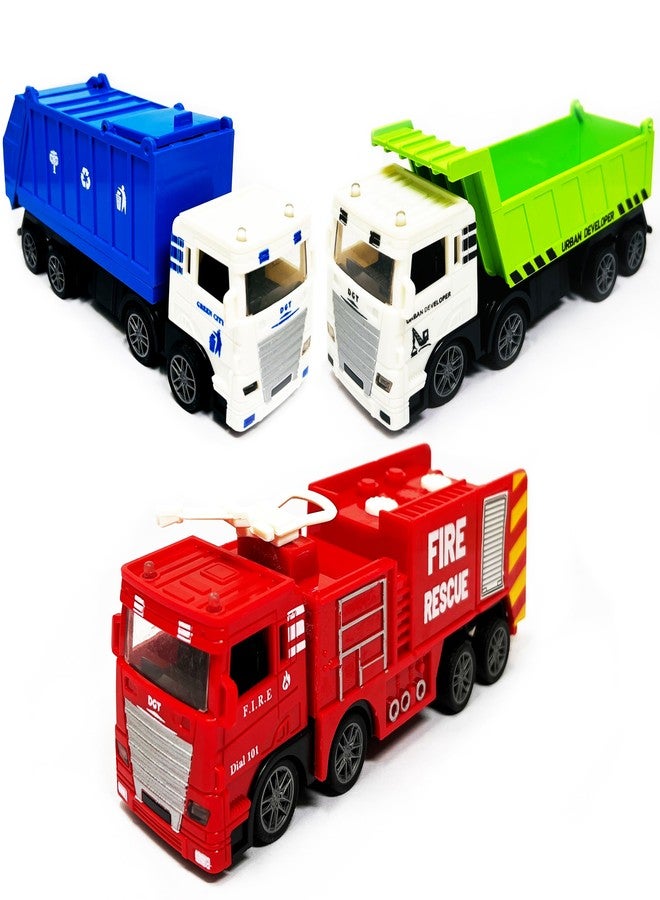 PARTEET 3 Piece Die Cast Pull Back Toy Truck Set|Fire Brigade, Sanitation and Dumper Trucks|Friction Powered Toys Vehicles for Kids, Birthday Return Gifts for Kids 3 Year and Above(Multi-Colors) - Image 1