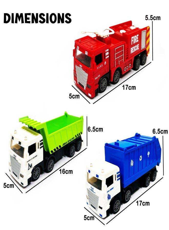 PARTEET 3 Piece Die Cast Pull Back Toy Truck Set|Fire Brigade, Sanitation and Dumper Trucks|Friction Powered Toys Vehicles for Kids, Birthday Return Gifts for Kids 3 Year and Above(Multi-Colors) - Image 3