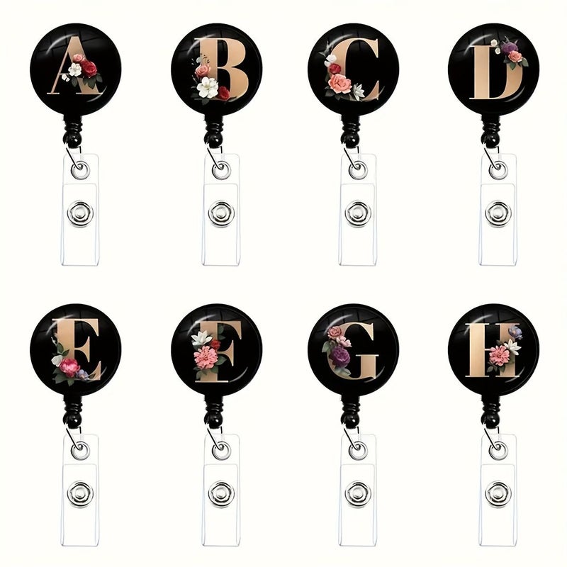 Retractable ID Badge Holder 1pc Letter G Black Round Glass Key Ring Nurse Doctor Reel Office - Image 1