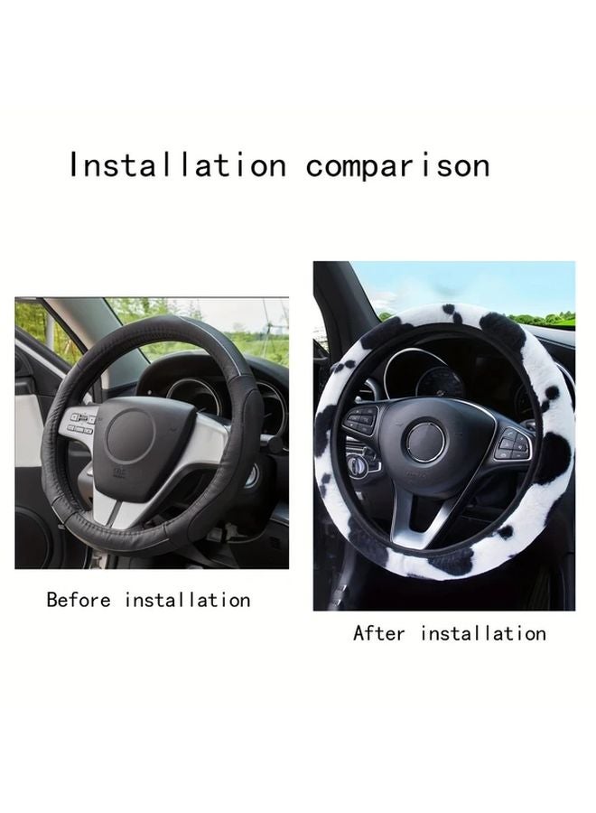 Cow Print Steering Wheel Cover Black White Faux Leather Car Interior Accessory - Image 5