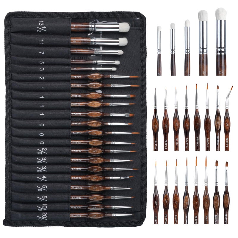 Nicpro Miniature Paint Brushes Dry Brush - 21PCS Model Paint Brush Set with Cloth Roll for Acrylic Oil Watercolor, Detail Paint Brush Drybrush for Model, Miniature Painting, Paint by Numbers, Craft - Image 1