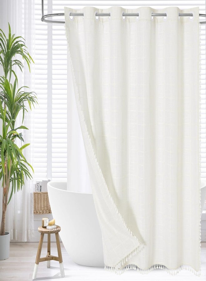 MitoVilla No Hooks Needed Boho Farmhouse Shower Curtain with Snap-in Liner, Cotton Linen Fabric Shower Curtains with Tassels for Rustic Neutral Bathroom Decor, Ivory, 72 x 74 - Image 1