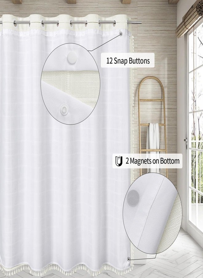 MitoVilla No Hooks Needed Boho Farmhouse Shower Curtain with Snap-in Liner, Cotton Linen Fabric Shower Curtains with Tassels for Rustic Neutral Bathroom Decor, Ivory, 72 x 74 - Image 2