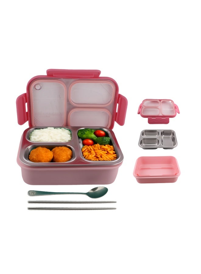 CRAVISTA Bento Lunch Boxes, Leak Proof Stainless Steel Lunch Box for Kids, BPA Free Bento Box for Kids and Adults | Tiffin Box for Office and School (Pink, 620 ML, 3 Compartment) - Image 2
