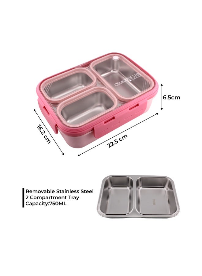 CRAVISTA Bento Lunch Boxes, Leak Proof Stainless Steel Lunch Box for Kids, BPA Free Bento Box for Kids and Adults | Tiffin Box for Office and School (Pink, 620 ML, 3 Compartment) - Image 5
