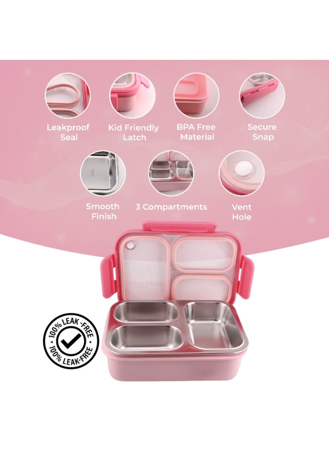 CRAVISTA Bento Lunch Boxes, Leak Proof Stainless Steel Lunch Box for Kids, BPA Free Bento Box for Kids and Adults | Tiffin Box for Office and School (Pink, 620 ML, 3 Compartment) - Image 3