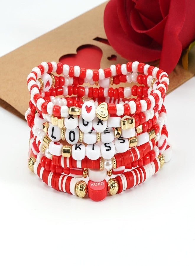 Lonext Bracelets for Women Heishi Surfer Pink Clay Bead Bracelet Set Love Heart Bracelets Bulk Cute Pink Red Stackable Stretch Bracelets Birthday Accessories Jewelry Gifts-7pcs - Image 4