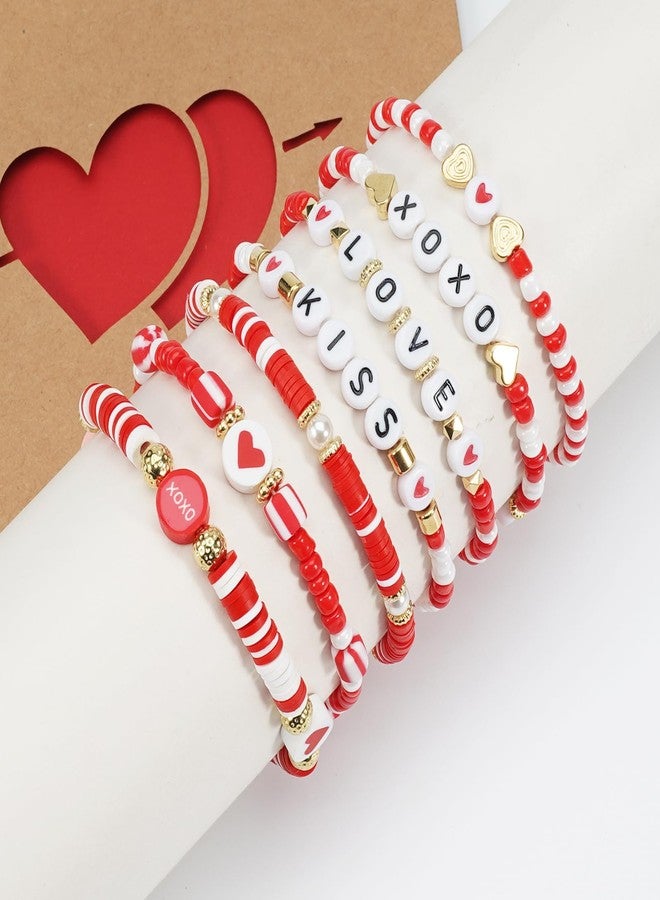 Lonext Bracelets for Women Heishi Surfer Pink Clay Bead Bracelet Set Love Heart Bracelets Bulk Cute Pink Red Stackable Stretch Bracelets Birthday Accessories Jewelry Gifts-7pcs - Image 2