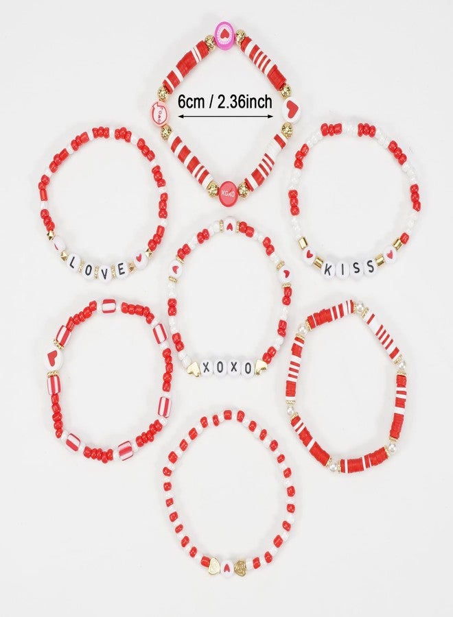 Lonext Bracelets for Women Heishi Surfer Pink Clay Bead Bracelet Set Love Heart Bracelets Bulk Cute Pink Red Stackable Stretch Bracelets Birthday Accessories Jewelry Gifts-7pcs - Image 3