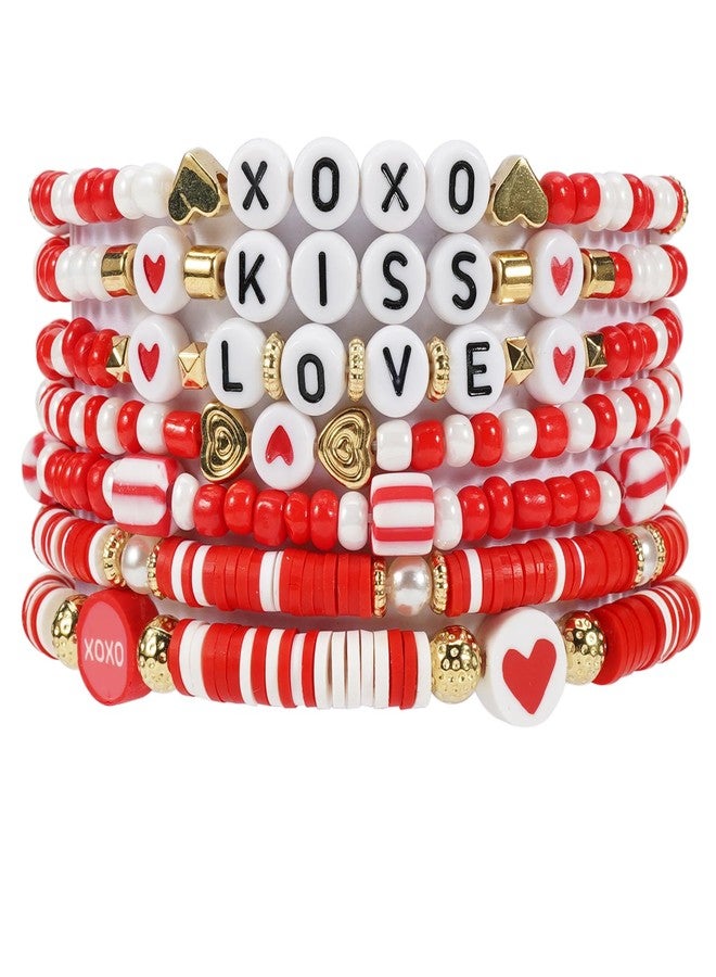 Lonext Bracelets for Women Heishi Surfer Pink Clay Bead Bracelet Set Love Heart Bracelets Bulk Cute Pink Red Stackable Stretch Bracelets Birthday Accessories Jewelry Gifts-7pcs - Image 1