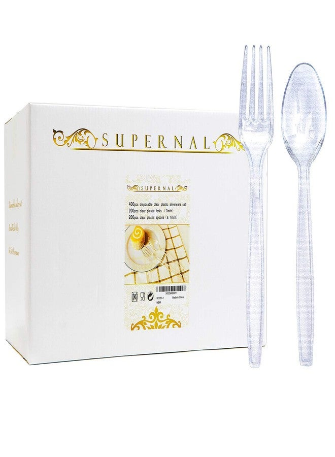 Supernal 400pcs Clear Plastic Silverware Heavy Duty Plastic Forks and Spoons Crystal Disposable Cutery Disposable Utensils Include 200 forks and 200 spoons - Image 1