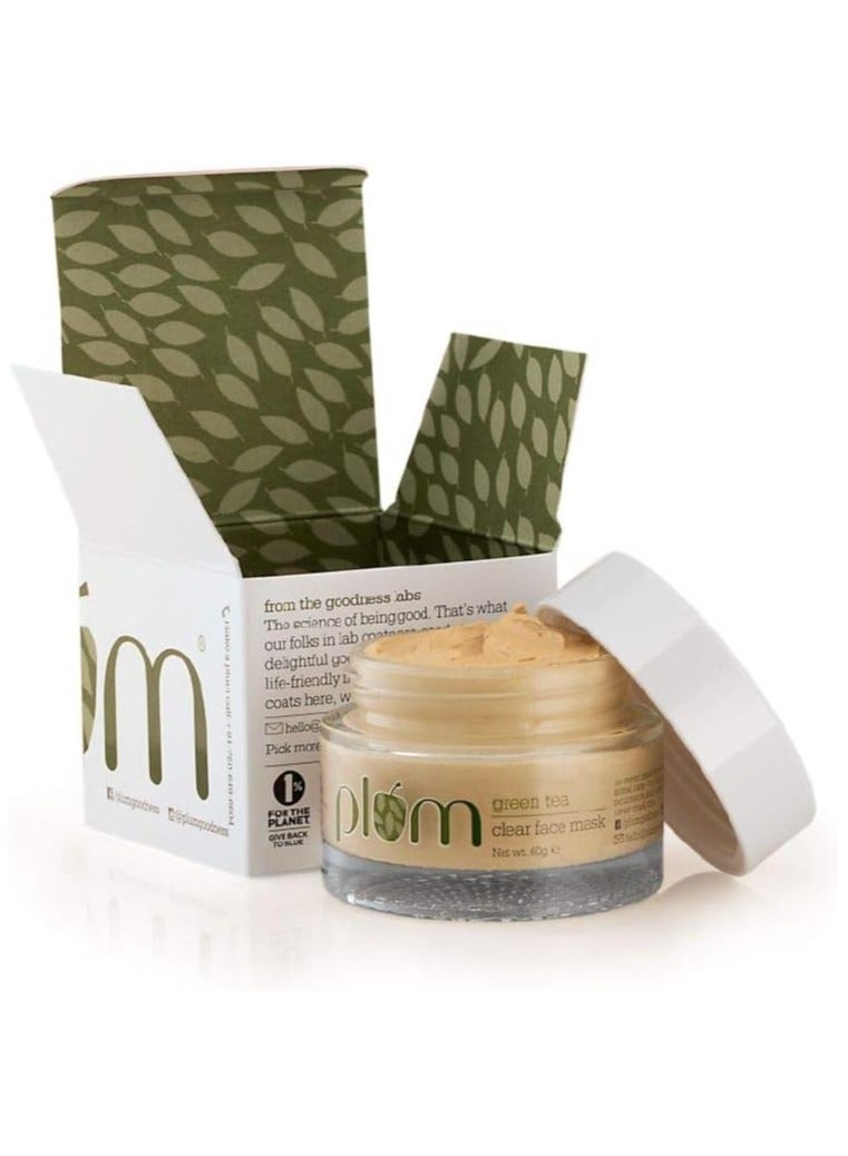 Plum Green Tea Clear Face Mask  Kaolin & Bentonite Clay Mask for Acne and Clogged Pores Oily Skin Brighter Glowing Skin Face Pack 60 g - Image 1