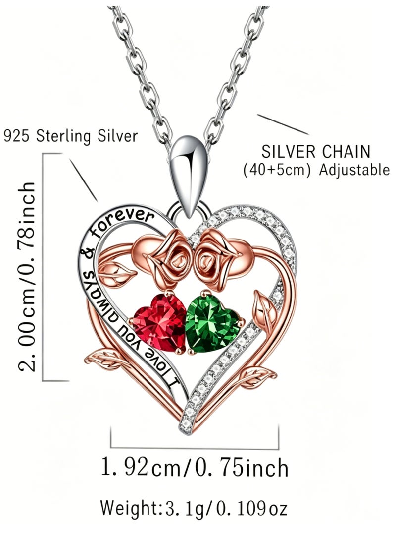 925 Sterling Silver Rose Heart Birthstone Necklace for Women, 'I Love You Always & Forever' Pendant - Image 2