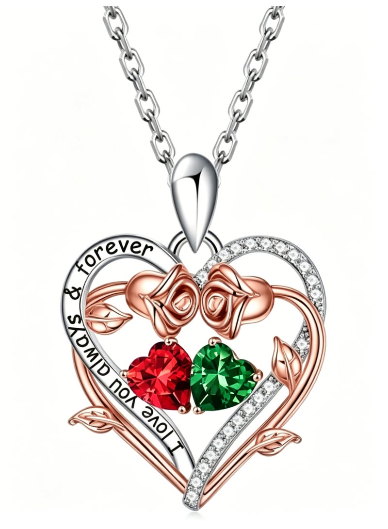 925 Sterling Silver Rose Heart Birthstone Necklace for Women, 'I Love You Always & Forever' Pendant - Image 1