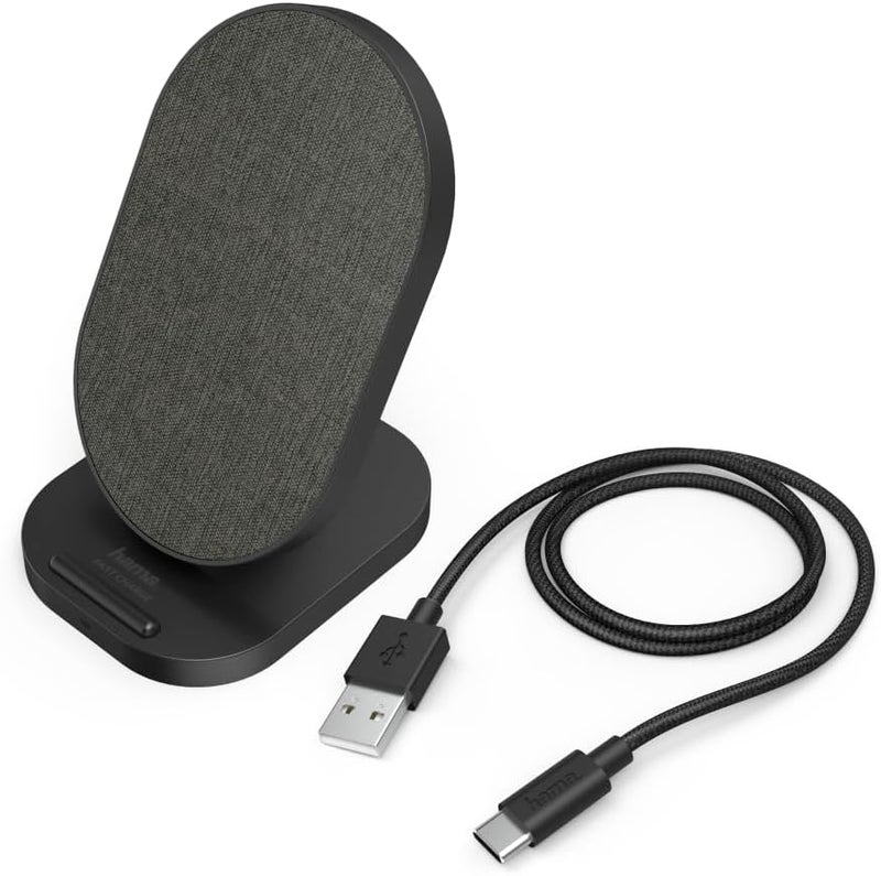 Hama QI-FC10S Fabric Wireless Charger Stand 10W Fast Charging, Dual Coil Qi Charging Dock with LED Indicator, USB-C, Anti-Slip Fabric Surface for iPhone & Android – Black - Image 2