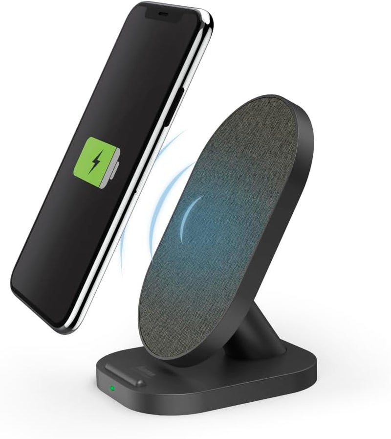 Hama QI-FC10S Fabric Wireless Charger Stand 10W Fast Charging, Dual Coil Qi Charging Dock with LED Indicator, USB-C, Anti-Slip Fabric Surface for iPhone & Android – Black - Image 1