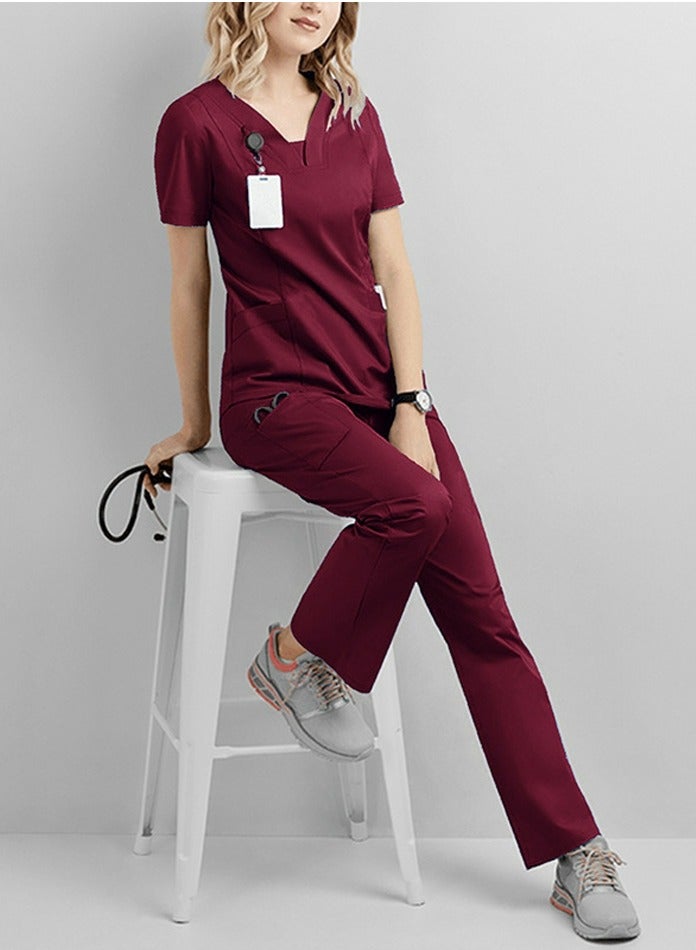 Loquat Solid Color Medical Uniform Scrubs 2 Piece Set V-Neck Top and Loose Pants  Set Wine Red