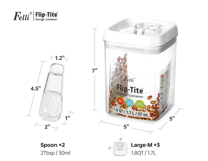 Felli Flip Tite Storage Container with Built-In Spoon & Airtight Lid 5â€ Large-M Ring Flip Top, Stackable Acrylic Canister for Sugar Flour Powder, Kitchen Pantry Organizer (1.8qt) - 2 spoons only - Image 5