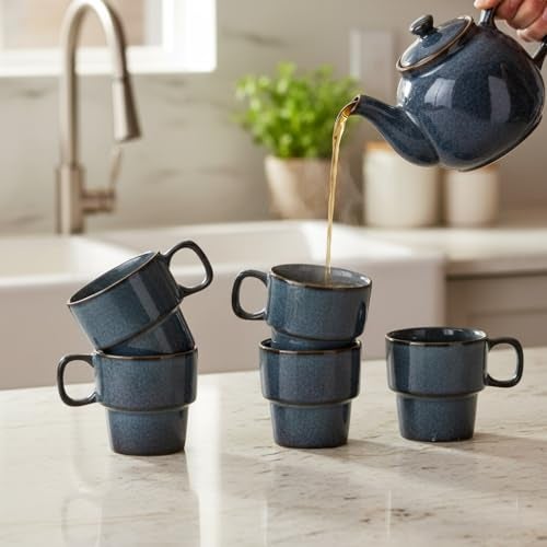 Beyond Homes Porcelain Tea Cups, 220 ml, Set of 6, Metallic Blue | Glossy Finish | Stackable Ceramic Tea Cup Set | Tea/Coffee Mugs for Daily Use & Gifting | Microwave & Dishwasher Safe (6, Blue) - Image 1