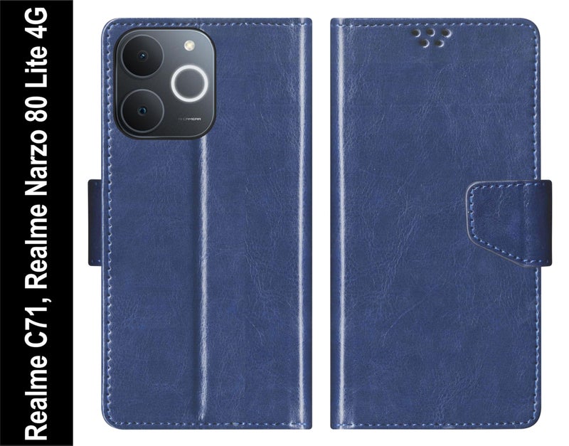 SBMS Flip Cover for Realme C71 / Realme Narzo 80 Lite 4G Back Cover Case with Magnatic Closure | Genuine Leather Finish | Inbuilt Stand | Card & Money Pocket | Wallet Style Flip Back Case Cover (Blue) - Image 2