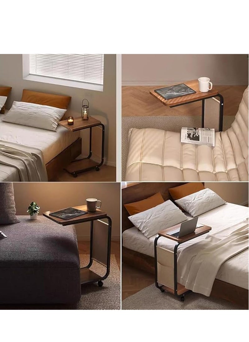 Cool Baby COOLBABY C-Shaped End Table with Wheels, Movable Side Table with Storage Pocket, 2-Tier Narrow Sofa Table with Metal Frame, Small Coffee Table for Living Room, Bedroom, and Office (45x30x65cm, Brown)  - Image 3