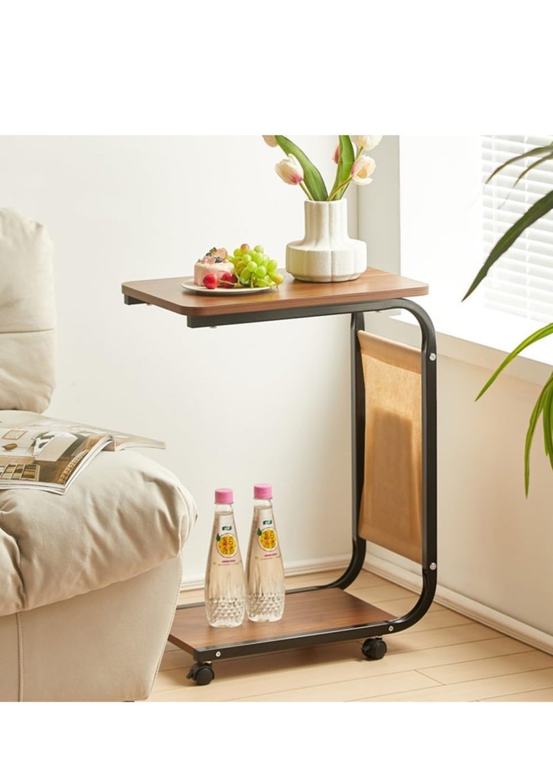 Cool Baby COOLBABY C-Shaped End Table with Wheels, Movable Side Table with Storage Pocket, 2-Tier Narrow Sofa Table with Metal Frame, Small Coffee Table for Living Room, Bedroom, and Office (45x30x65cm, Brown)  - Image 2