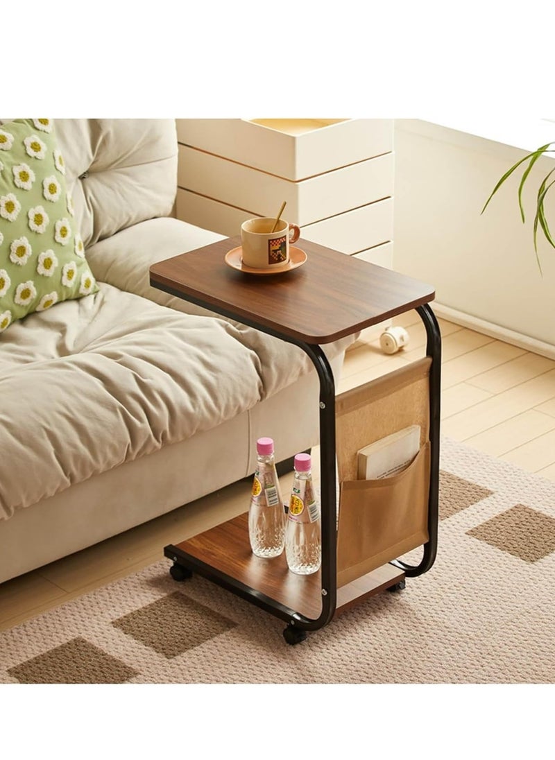Cool Baby COOLBABY C-Shaped End Table with Wheels, Movable Side Table with Storage Pocket, 2-Tier Narrow Sofa Table with Metal Frame, Small Coffee Table for Living Room, Bedroom, and Office (45x30x65cm, Brown)  - Image 4
