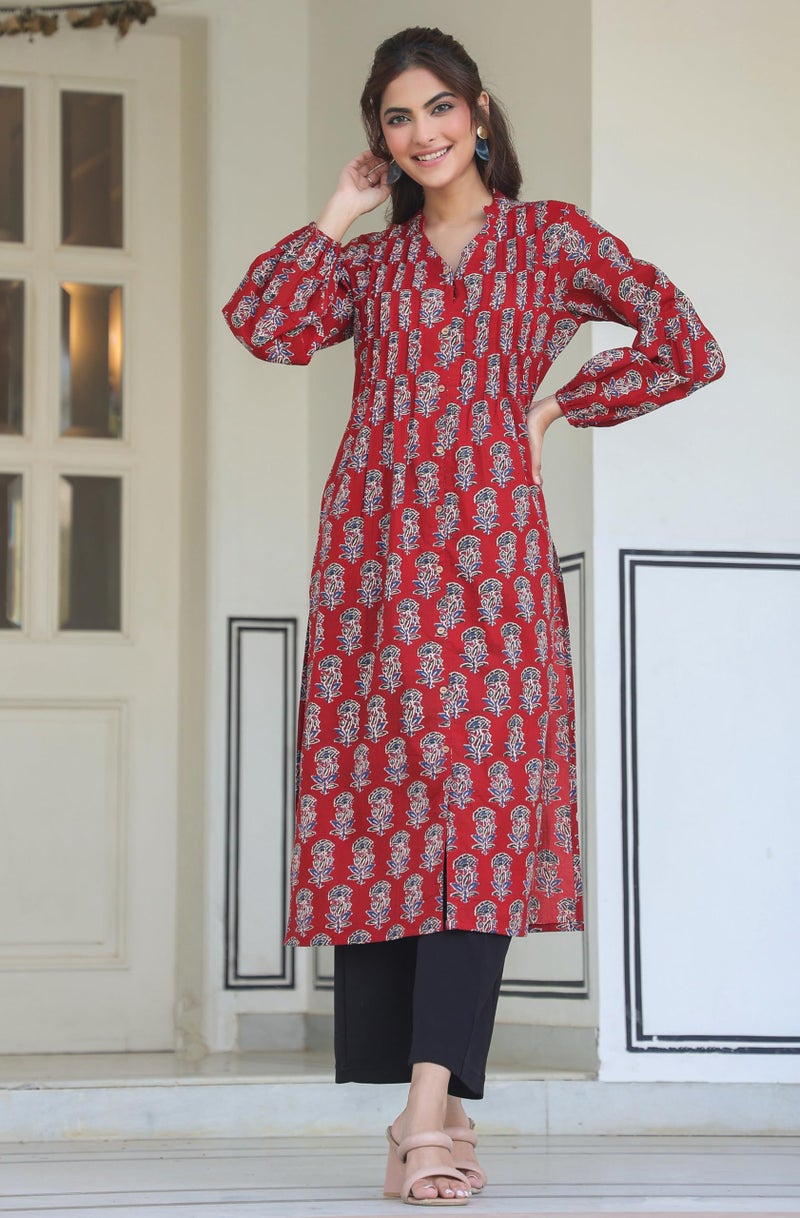 Janasya Women's Maroon Pure Cotton Floral Print Flared Kurta (JNE4033-KR-RE-M) - Image 3