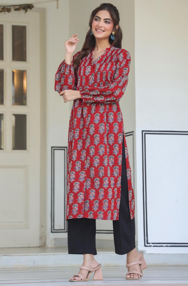 Janasya Women's Maroon Pure Cotton Floral Print Flared Kurta (JNE4033-KR-RE-M) - Image 5