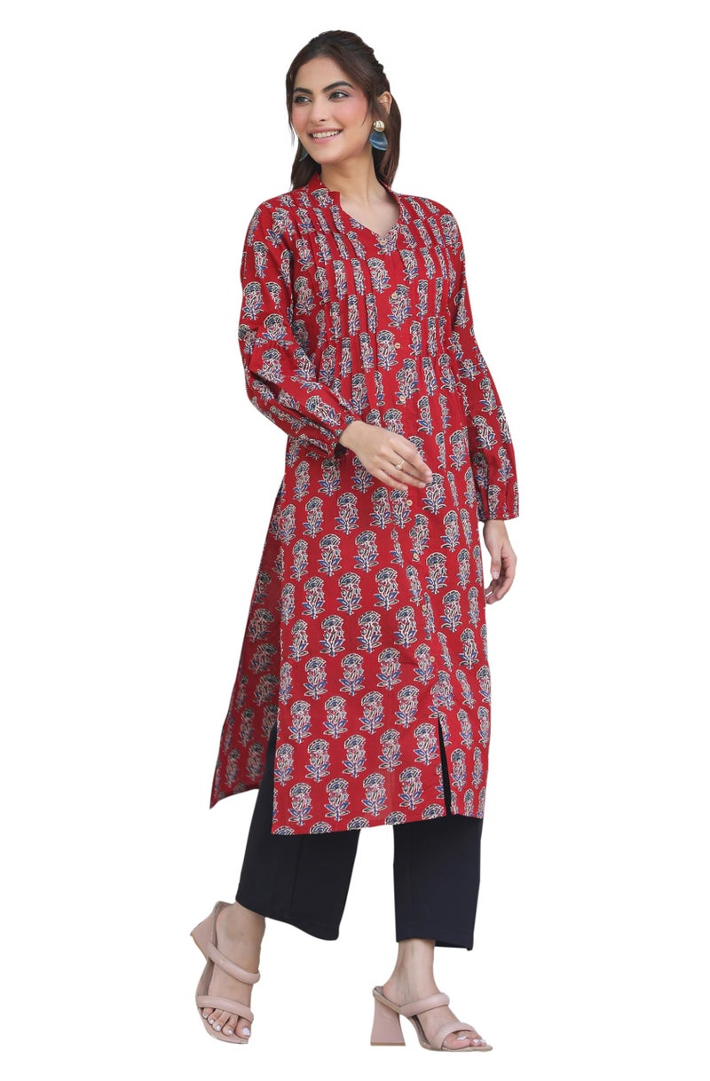 Janasya Women's Maroon Pure Cotton Floral Print Flared Kurta (JNE4033-KR-RE-M) - Image 1