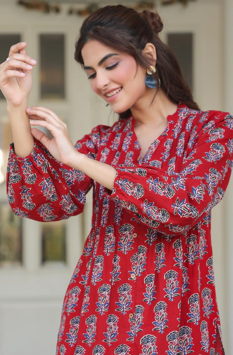 Janasya Women's Maroon Pure Cotton Floral Print Flared Kurta (JNE4033-KR-RE-M) - Image 2